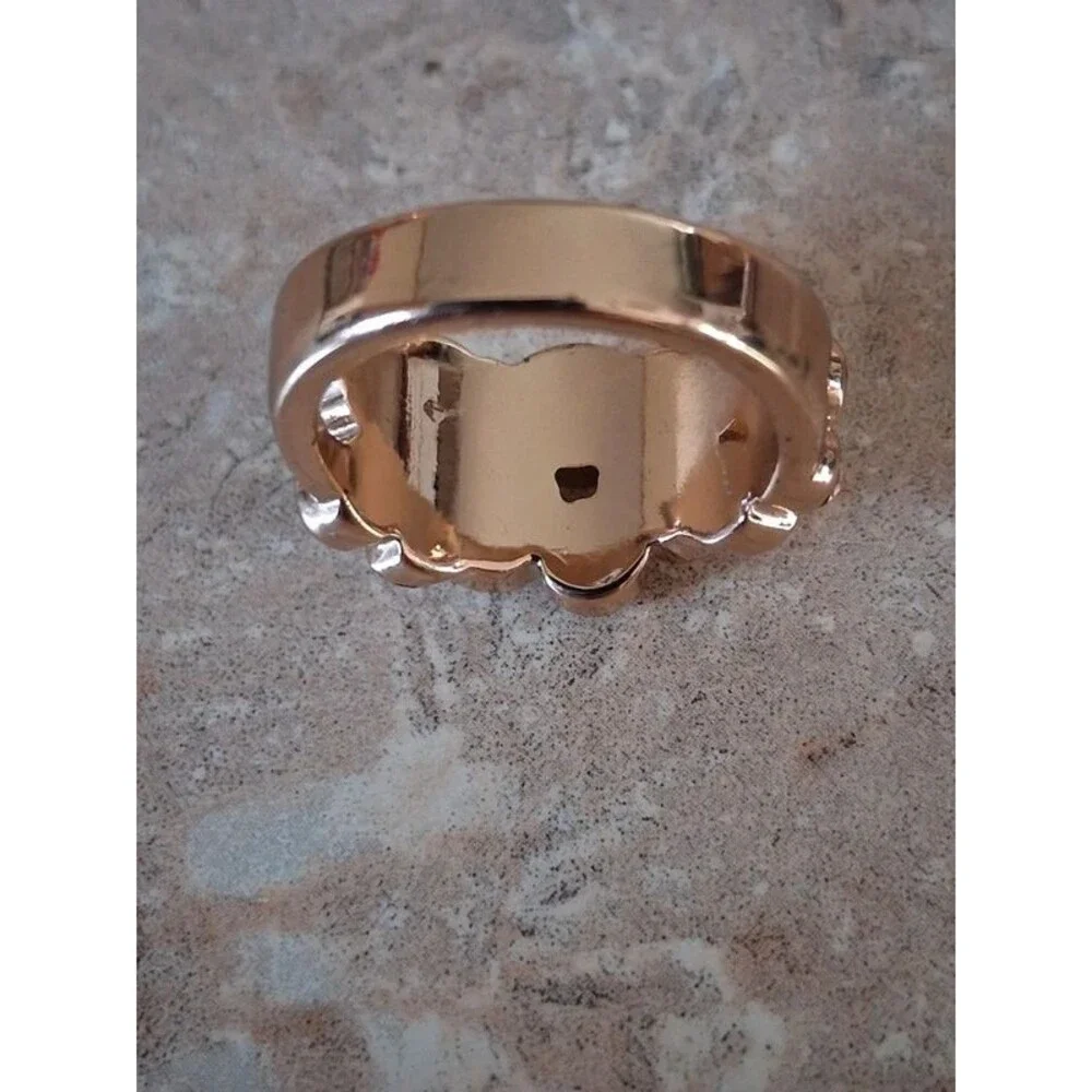 Gold Toned Metal Band Pink Rhinestone Encrusted Statement Ring Women's Size 8